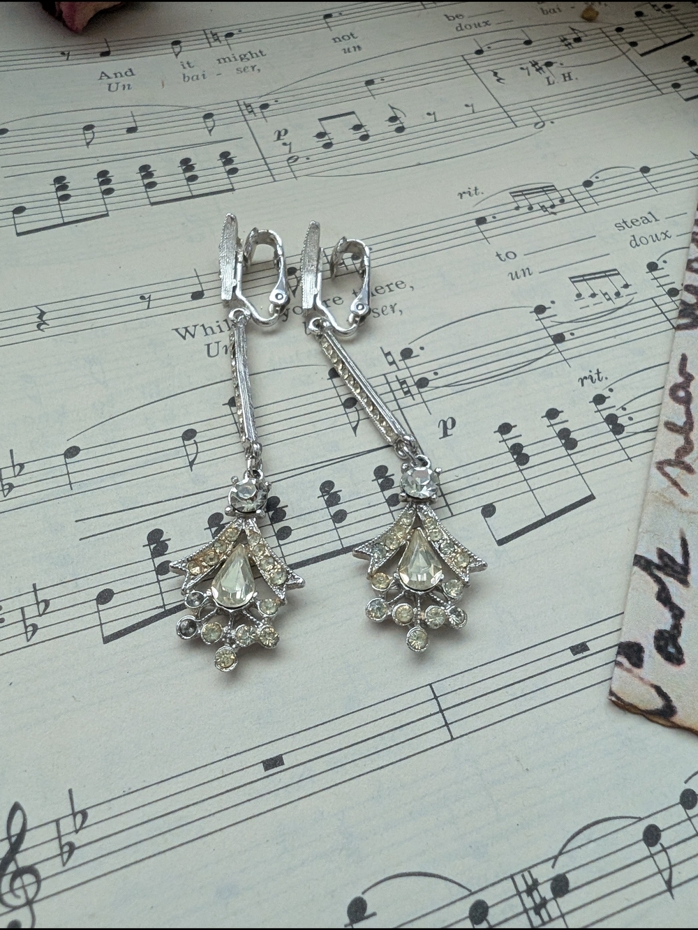 Vintage Clip On Silver Crystal Drop Earrings - Silver
